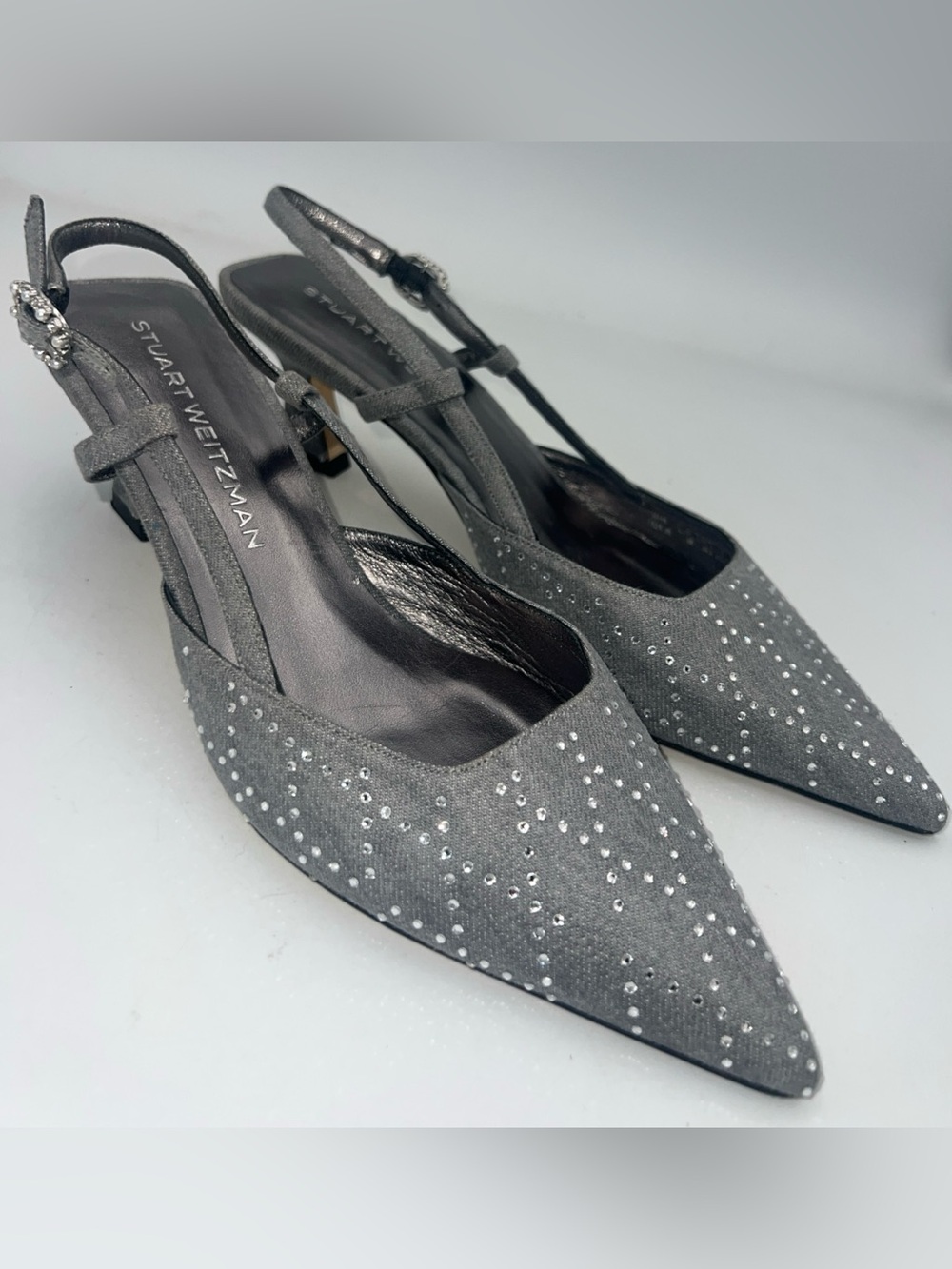 STUART WEITZMAN Vinnie Crystal 50 Slingback Grey Rhinestone Kitten Heel Size 8